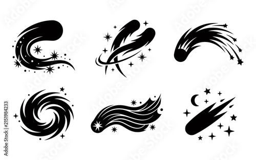 A collection of six black and white illustrations depicting stylized comets shooting stars and celestial swirls adorned with sparkling star trails and a crescent moon
