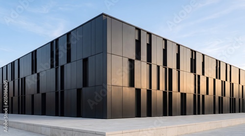 Contemporary dark metal facade with geometric panels and warm architectural light.