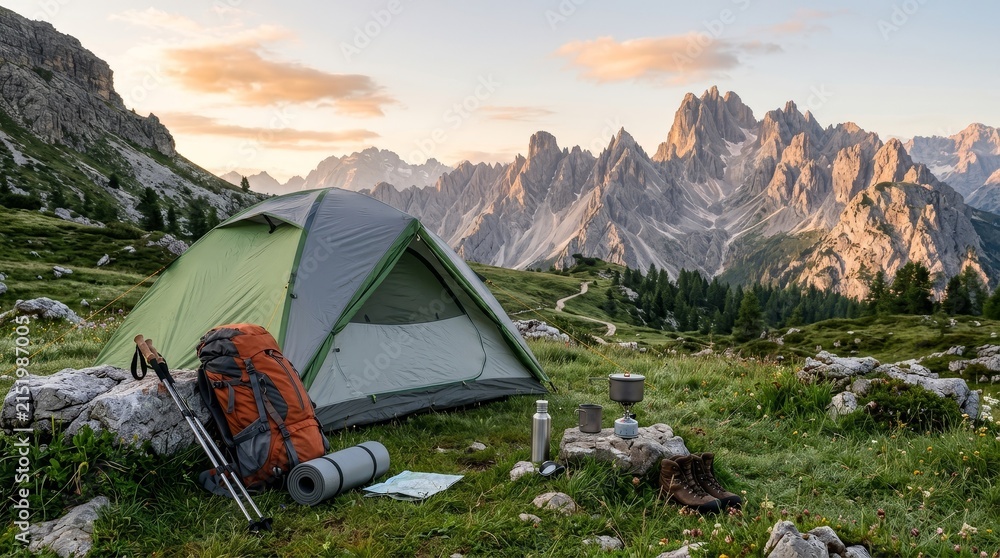 Fototapeta premium Green tent pitched in alpine meadow at sunrise.