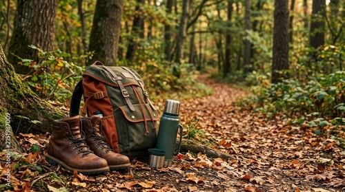 Hiking gear resting on a forest floor with autumn leaves.