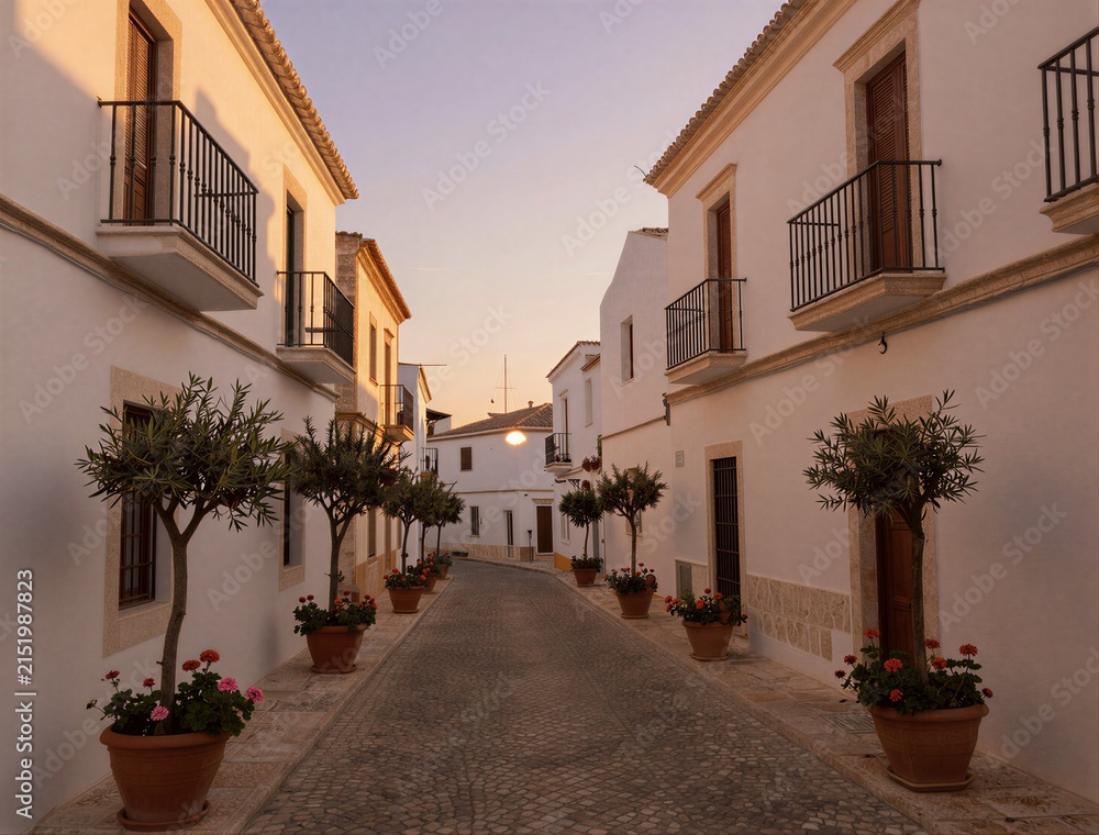 Naklejka premium Narrow street lined with white houses and potted trees
