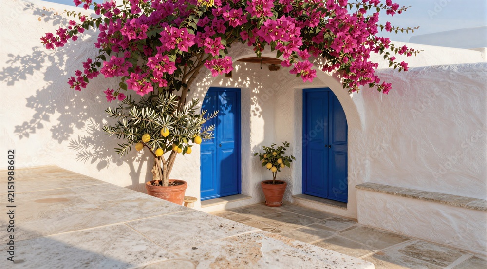 Fototapeta premium White wall with blue doors and bougainvillea in sunlit courtyard