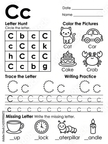 Childrens alphabet learning worksheet featuring letter c tracing exercises and coloring activities