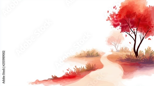 Path winding through trees with red leaves in a quiet natural setting during a bright day