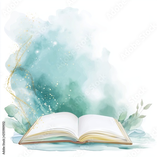 Open book with blank pages and soft watercolor background in a theatre-style setting during a calm evening