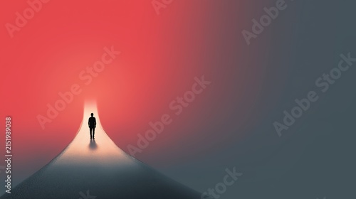 Person stands at the edge of a road under a red and gray sky during dusk