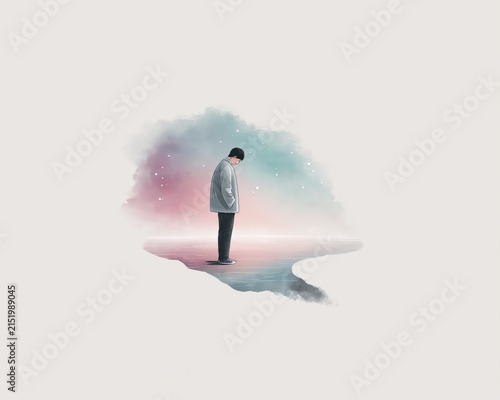 Person stands by water looking down deep in thought during a quiet moment at dawn in a serene landscape