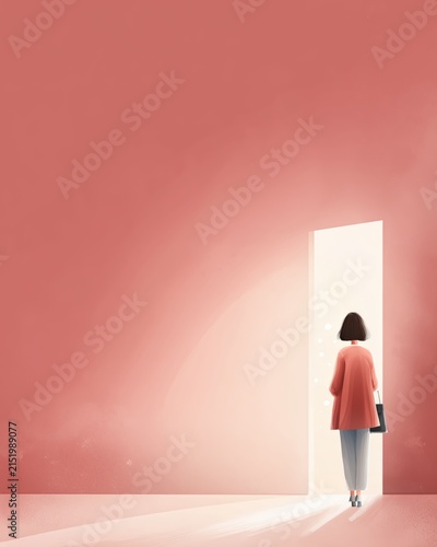 Person stands at open door in a simple room with a pink background while holding a bag and looking ahead