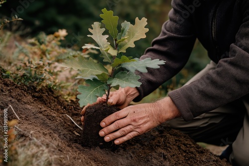 Person plants a young oak tree in a natural setting for environmental restoration efforts