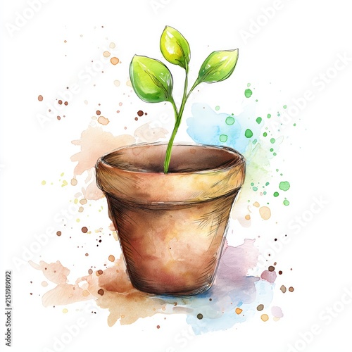 Plant grows in a brown pot with green leaves and colorful splashes on a white background in a sketchy style