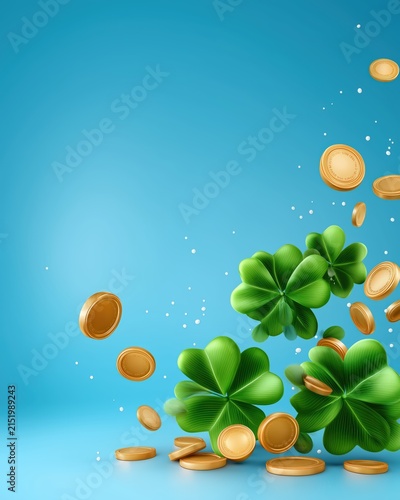 Shamrocks and coins are falling in a bright blue scene during a festive celebration time