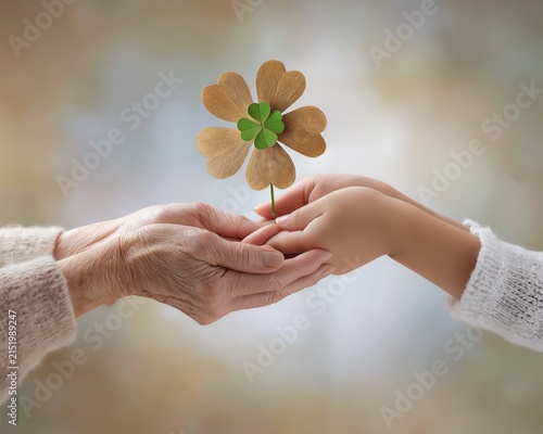 Sharing a flower between an elderly hand and a child's hand under soft light in a cozy setting