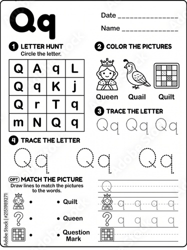 Educational worksheet featuring the letter q with tracing and matching exercises