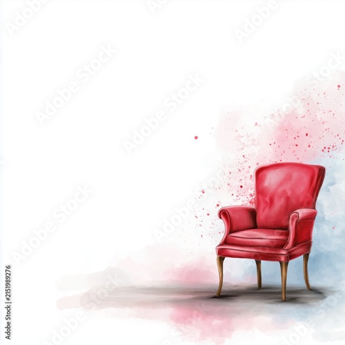 Single red theatrical seat in a soft watercolor background with splashes of color and a simple design