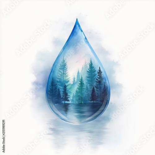 Single drop of water with reflection of trees and forest inside against a white background