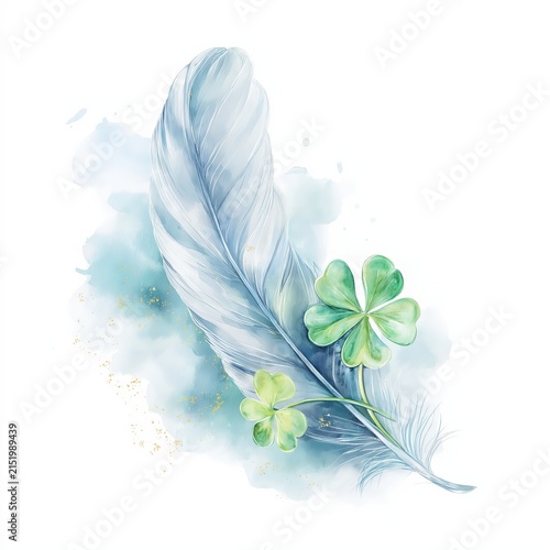 Soft dreamy clipart of a feather and green clovers on a white background showing nature and gentle colors