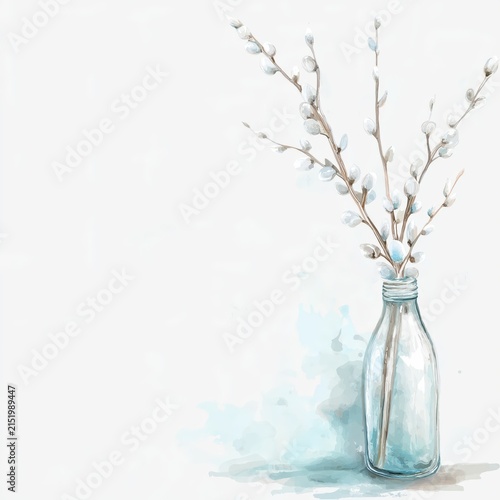 Soft wash clipart of a clear bottle holding branches with white buds on a white background in simple style