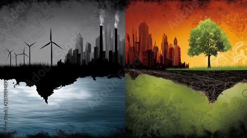 Split screen showing pollution on one side and nature on the other side highlighting environmental issues and contrasts