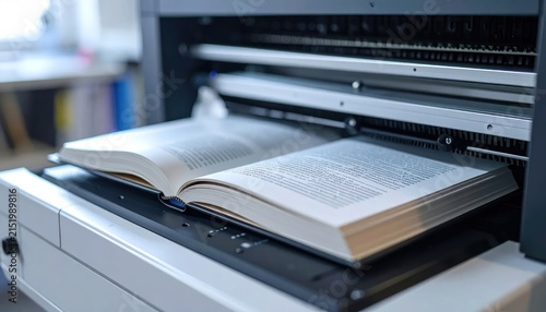 Open Printed Book Resting on Modern Scanning Machine in Bright Office