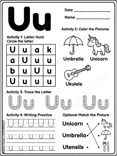 Printable Letter U Alphabet Learning Worksheet for Preschool and Kindergarten