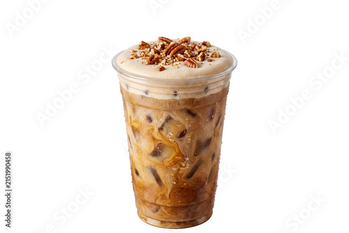 iced coffee with cold foam and crushed pecan topping in clear plastic to-go cup with ice cubes isolated on transparent background