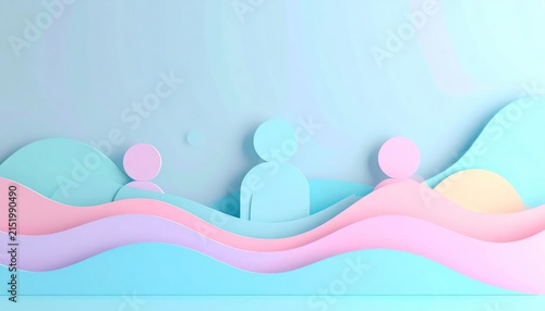 Pastel Abstract Paper Figures Standing Among Wavy Layers in Minimal Surreal Landscape