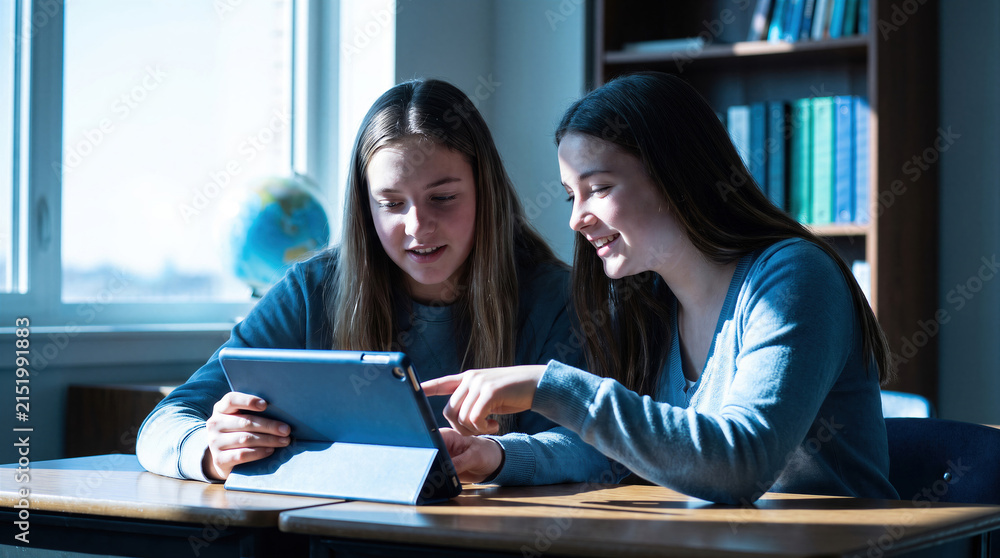 Fototapeta premium Teenager student and classmate studying homework with tablet touchscreen in classroom for elearning collaboration.