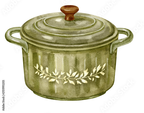Watercolor Illustration of a Green Cooking Pot
