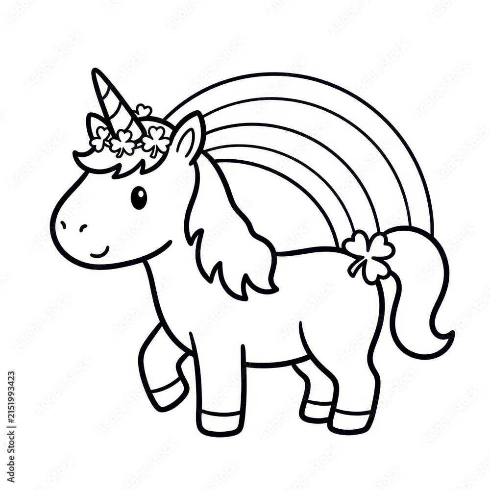 Fototapeta premium Unicorn with rainbow and shamrocks