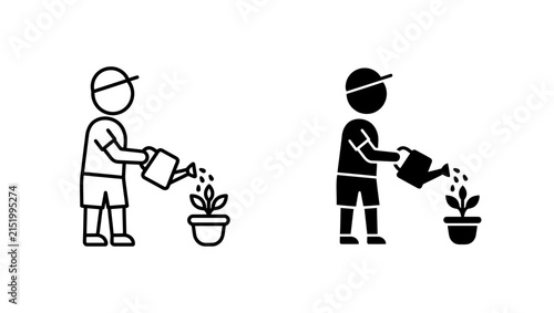 Person Watering Potted Plant Vector Illustration Set
