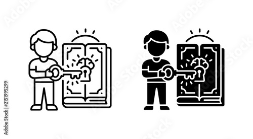 Person unlocking knowledge with key and book icon set