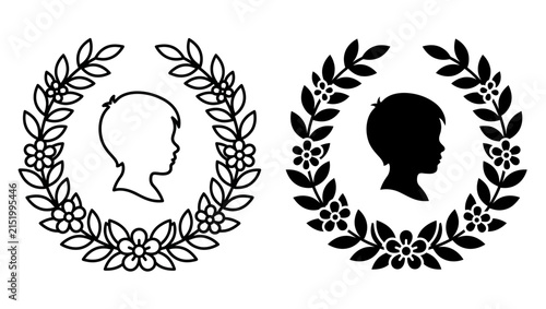 Silhouette of a young child inside a floral wreath