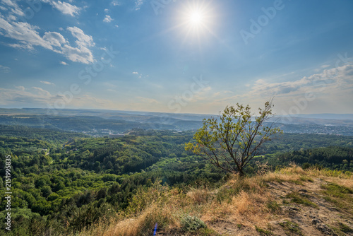 View of the mountains and Kislovodsk from the observation decks of the Kislovodsk Park. Evening sunset over the mountains of Kislovodsk.
