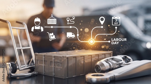 Logistics supply chain management concept featuring industrial cargo equipment and digital labour day infographic