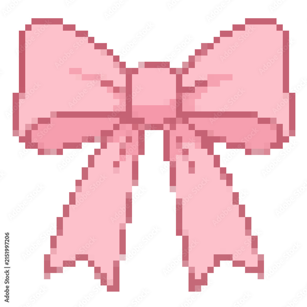 Obraz premium Cute Pink Ribbon Ribbon Bow Pixel Art Illustration Isolated on White Background