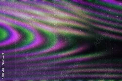 Retro VHS glitch background, purple and green analog distortion texture, vintage CRT screen noise with wavy interference patterns
