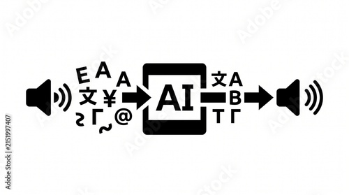 Obraz na płótnie Tablet device processing language through artificial intelligence symbolizes automated audio translation technology.