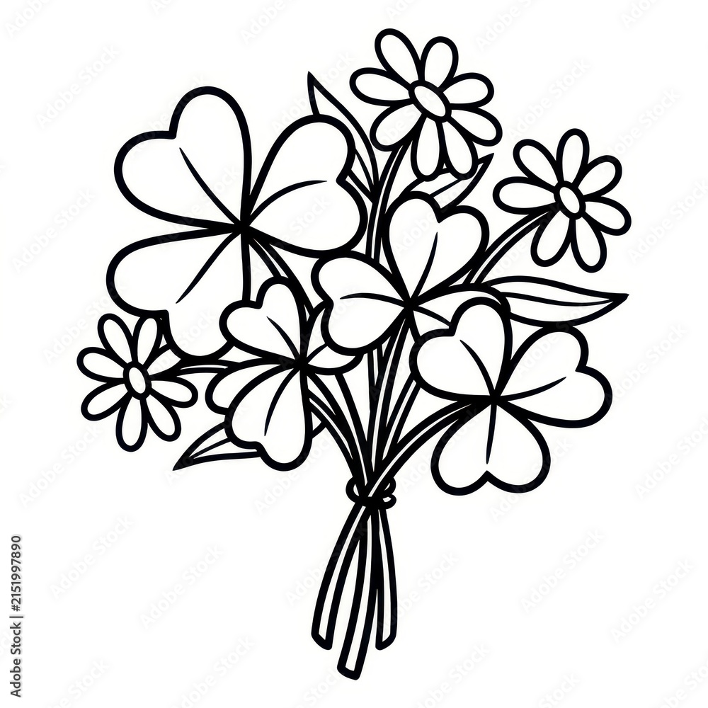 Fototapeta premium Line art bouquet of shamrocks and daisies