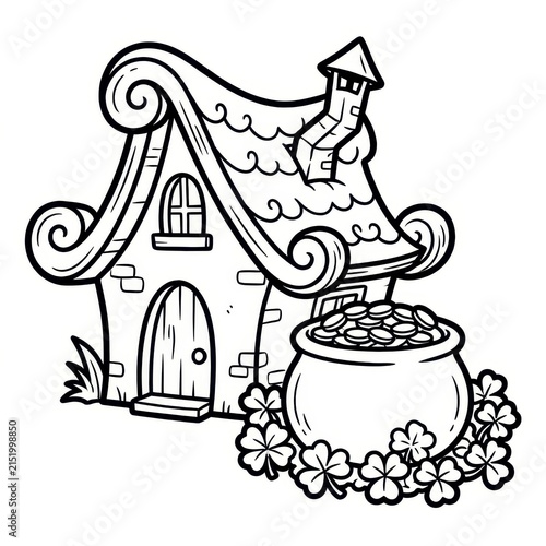 Leprechaun house with pot of gold and shamrocks