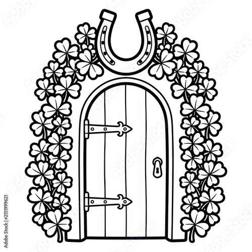 St Patricks Day door with shamrocks and horseshoe