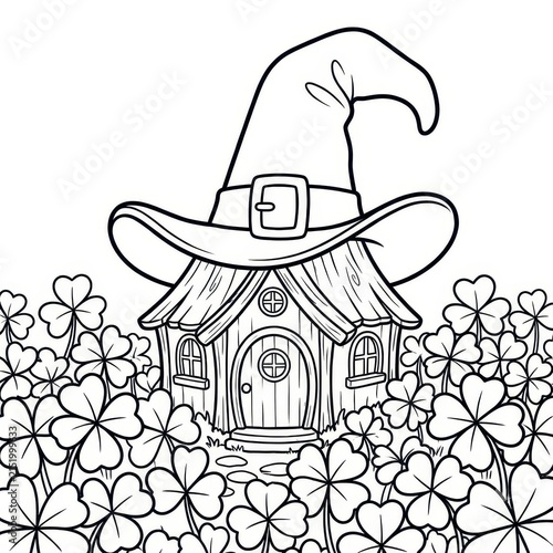 Whimsical cottage under a witch hat surrounded by shamrocks