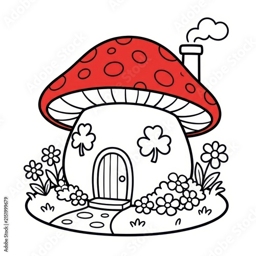 Whimsical mushroom house with flowers and smoke
