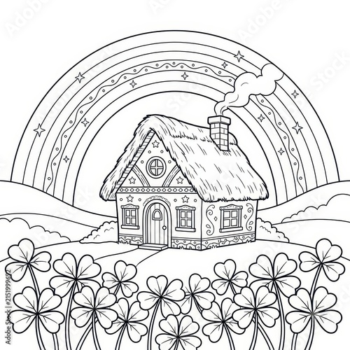 St Patricks Day coloring page cottage and rainbow