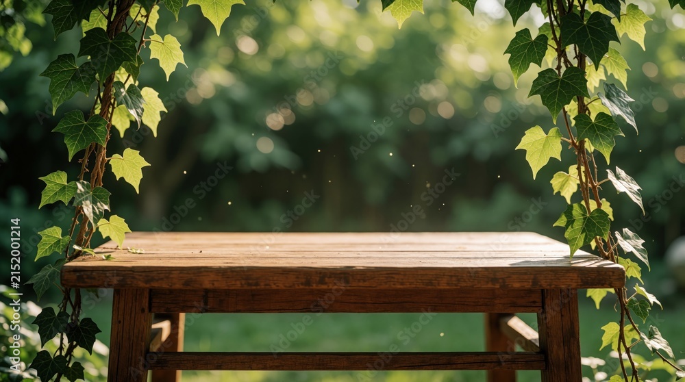 Obraz premium Wooden table with green ivy vines and leaves in serene garden background. Sunlight dappling through foliage creates inviting natural ambiance for outdoor dining or relaxation.