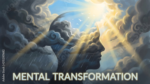 Human silhouette with storm clouds and bright sun rays symbolizing mental health transformation