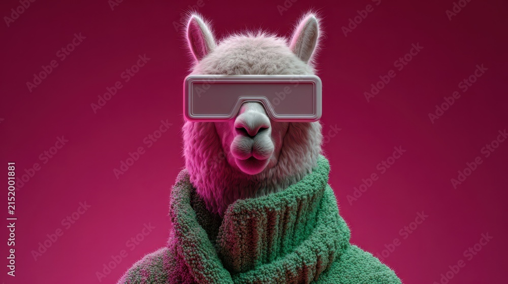 Fototapeta premium Futuristic Alpaca Wearing Virtual Reality Glasses in Neon Pink Studio