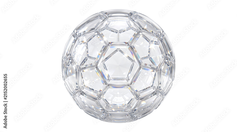 Naklejka premium Crystal soccer ball with geometric facets isolated on transparent background, representing sports and luxury with sparkling light reflections and elegant design.
