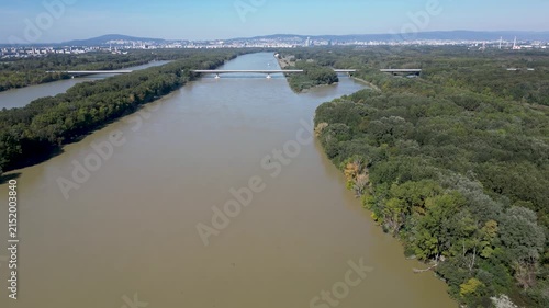 Flooding of Danube River in Slovakia, aerial footage, bridge, 4k