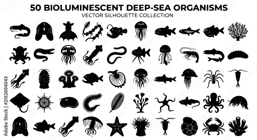 Fototapeta premium 50 Bioluminescent Deep-Sea Organisms Vector Silhouette Collection, Marine Life Icons, Underwater Creatures, Aquatic Biodiversity