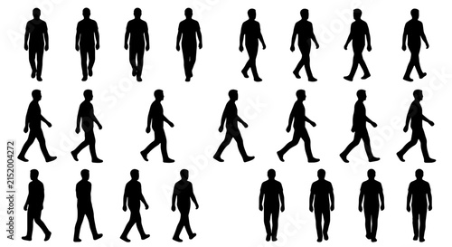 Silhouette Walking Figures Vector Set, Diverse Poses and Angles, Male and Female Silhouettes for Animation and Design Projects